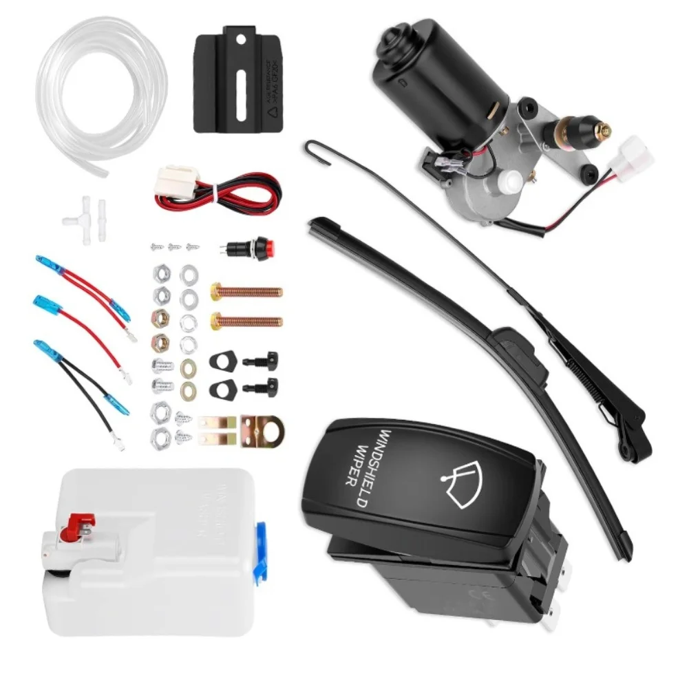 UTV Windshield Wiper Kit 12V Motor 90° Sweep 15.7 Inch Wiper 5 Pin Rocker Switch Washer Reservoir Hose Golf Carts For UTVs