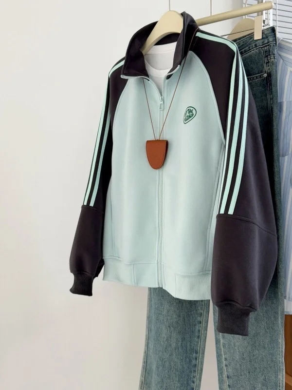

Loose oulder Sve Patchwork Tee Stripe Women's Sweatirt Spring 2026 New Korean Sle Lazy Cardigan Coat