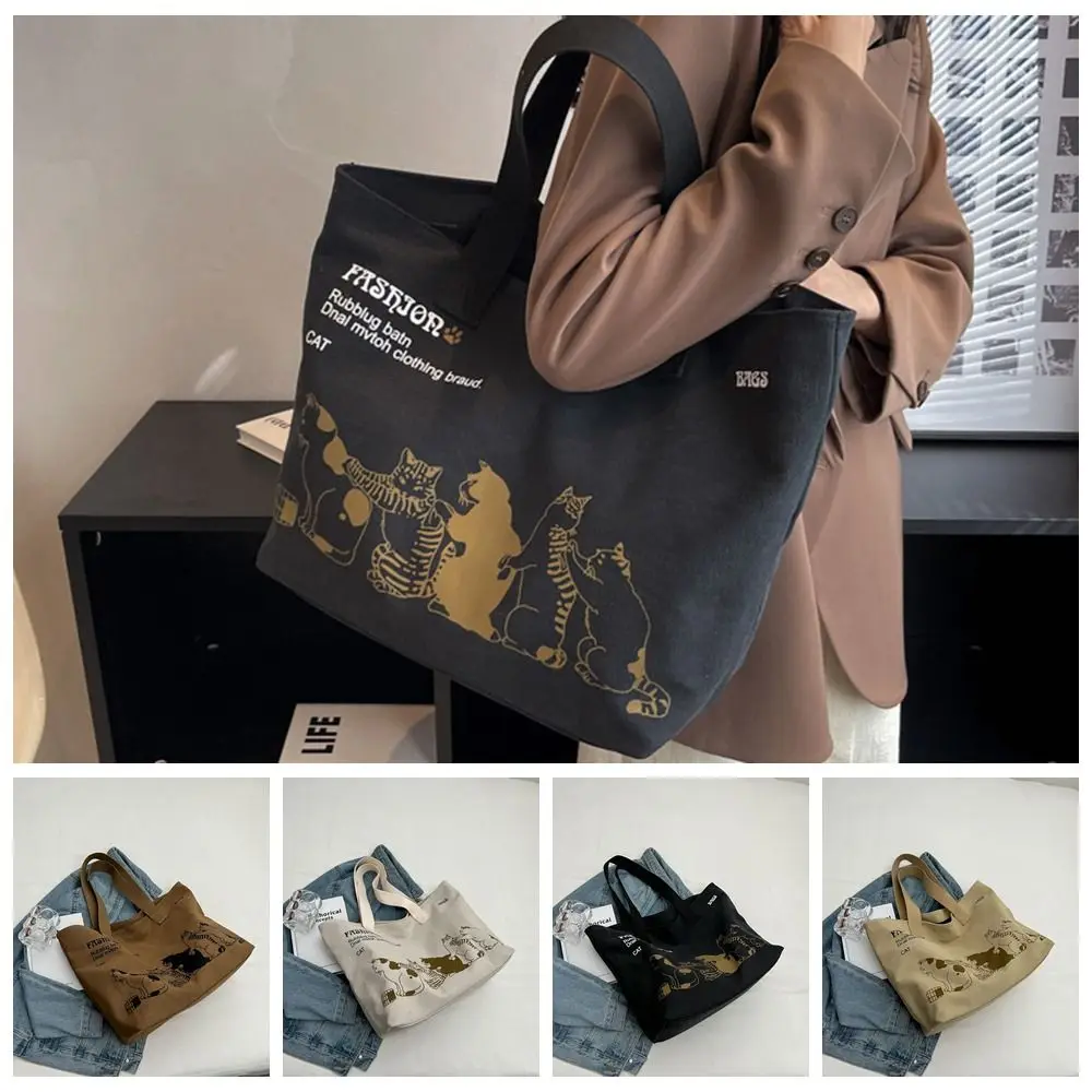 Tas Tote kucing motif lucu tas tangan hewan huruf kapasitas besar tas belanja tas makan siang tas bahu kanvas perjalanan