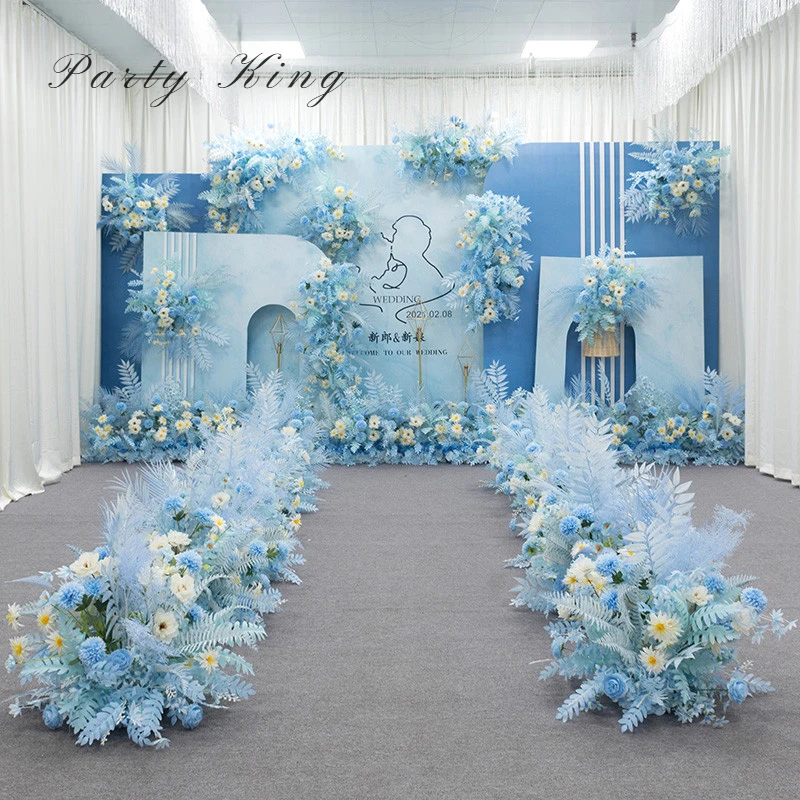 Artificial Flower Wedding Decoration, Blue Series, Road Lead, Custom Flower Row, Stage Floral Arrangement, Wedding Background