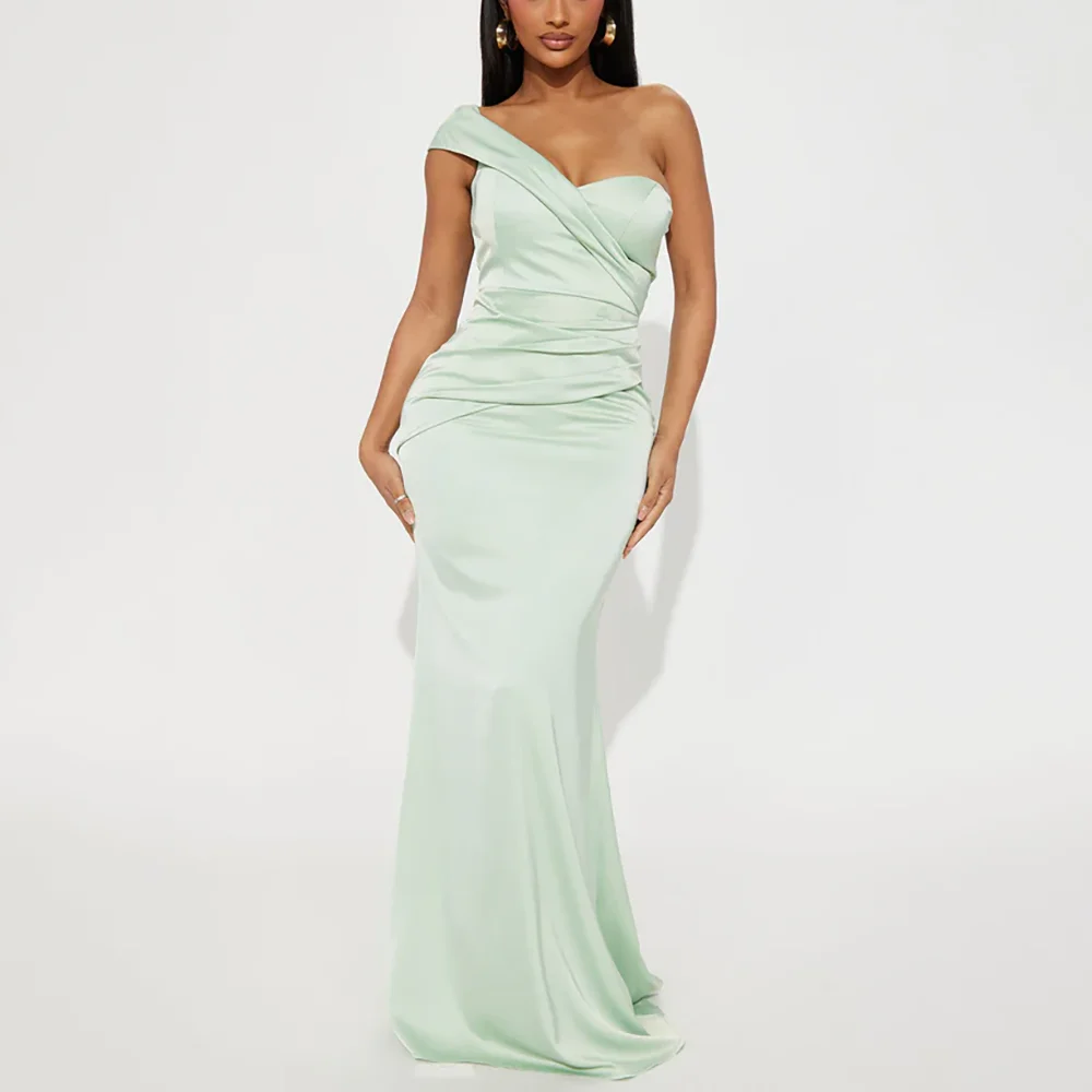 

Summer One Shoulder Sleeveless Light Green Women Prom Gown Mermaid Floor Length High Quality Boutique Dinner Party Dresses