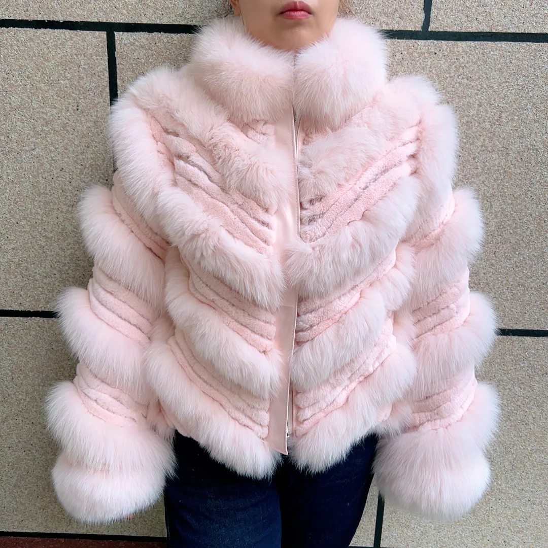 

New high-end real fox fur and real rabbit fur mixed fur coat for women's winter fashion V-shaped zipper natural fur jacket