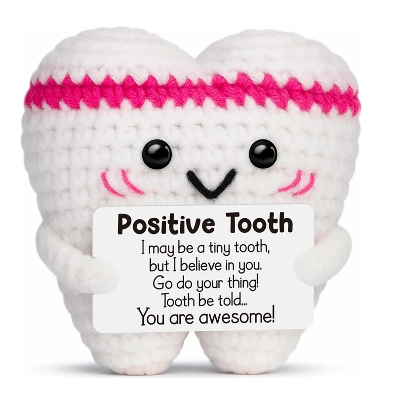 Positive Energy Crochet Tooth Doll with Card Funny Emotional Support Handmade Knitted Figurines Desktop Ornament Home Decor Gift