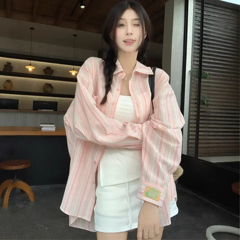 

Women Shirt Korean Style Pink Striped Loose Long Sleeved Button Up Blouse Ladies Autumn New Wild Streetwear Casual Shirts 2025
