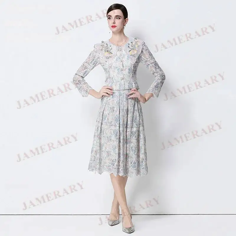 

Подиумный осенний комплект из 2 предметов, женские кружевные блузки с длинными рукавами, юбки миди, костюмы, длинные платья с вышивкой, летние платья