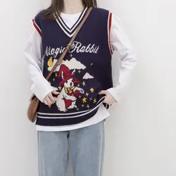Spring and Autumn Versatile Western Style V-neck Knitted Vest Coat College Style Cartoon Sleeveless Sweater Shoulder Women