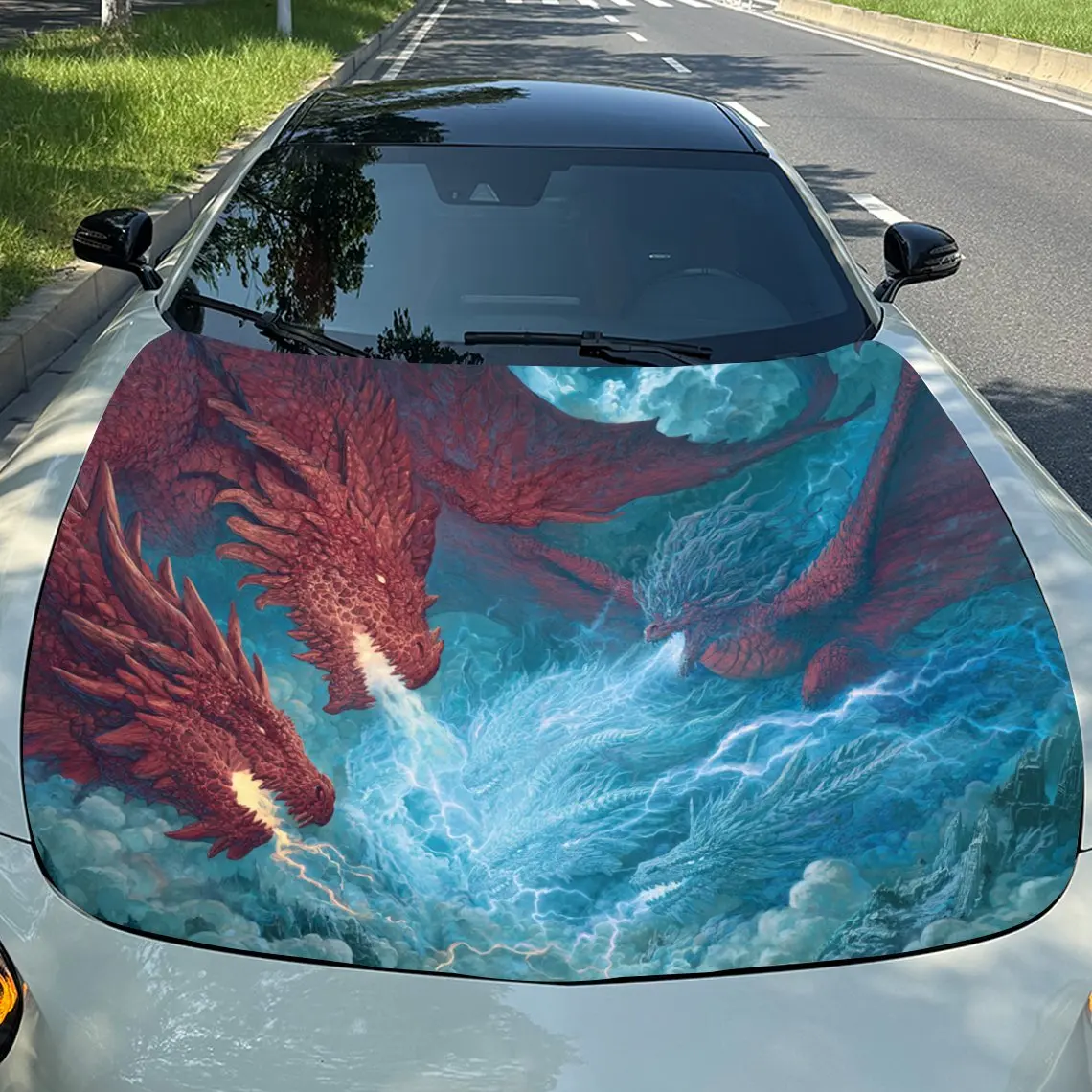 

Автомобильные наклейки, реалистичные красные драконы, дыхание огня, среди турма, бирюзовые синие волны, наклейка на капот автомобиля, водостойкая самоклеящаяся виниловая наклейка G