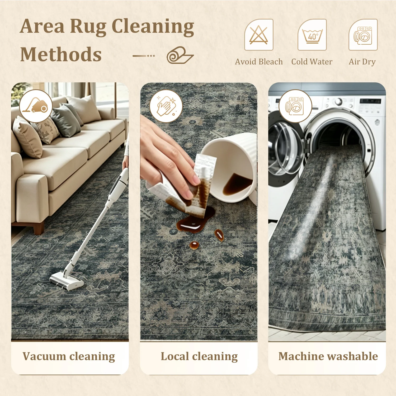 Large Indoor Area Rug, Soft Velvet Low Pile, Non-slip Dotted Backing, Machine Washable Vintage Distressed Oriental Pattern Rug for Living Room, Bedroom Muted Gray Home Floor Accent - view 8