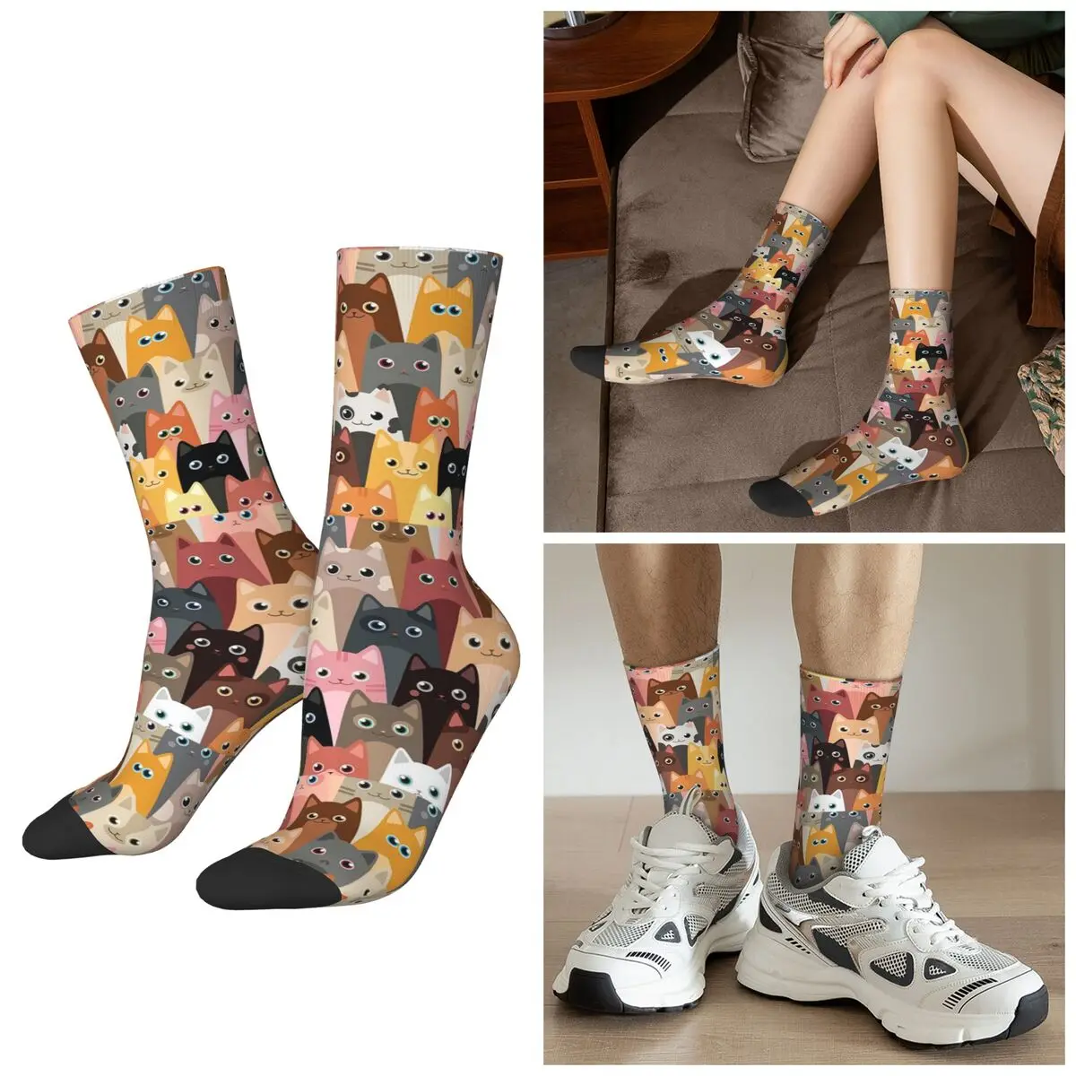 

All Seasons Adorable Colour Cartoon Cat Collage Socks Harajuku Sport Middle Tube Socks Super Soft Stockings for Men Women Gifts