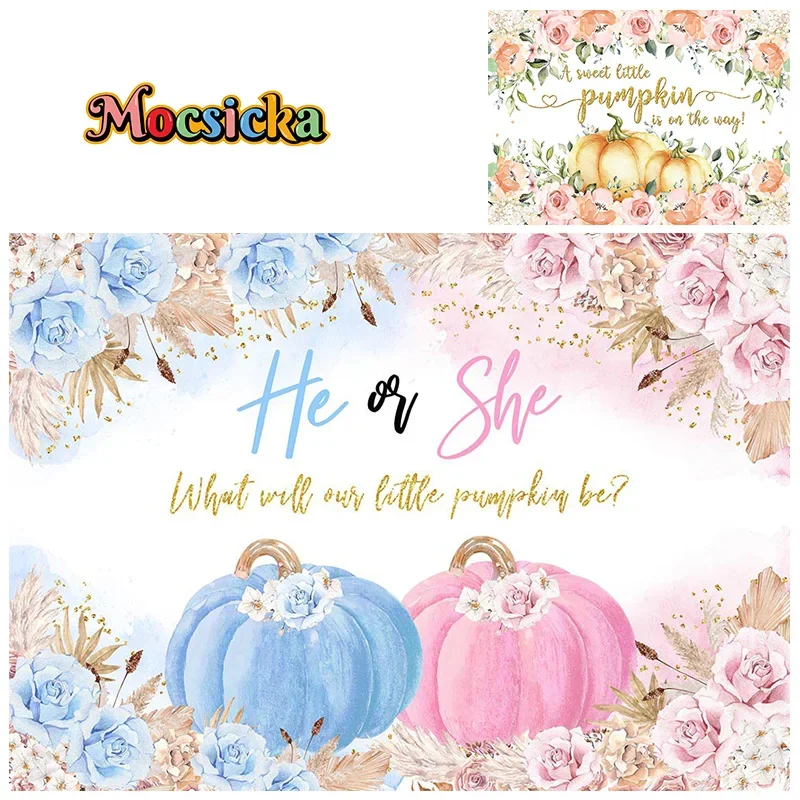Mocsicka Baby Show Photography Background Pumpkin Floral Backdrop Sex Reveal Boys Girls Cake Smash Kids Indoor Photo Banner