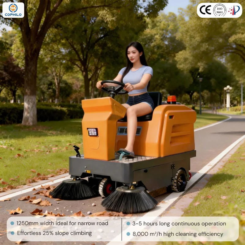 

Industrial Outdoor Street Cleaning Road Sweeping Electric Self-Propelled Ride-On Floor Sweeper Machine with Brushes & Filter