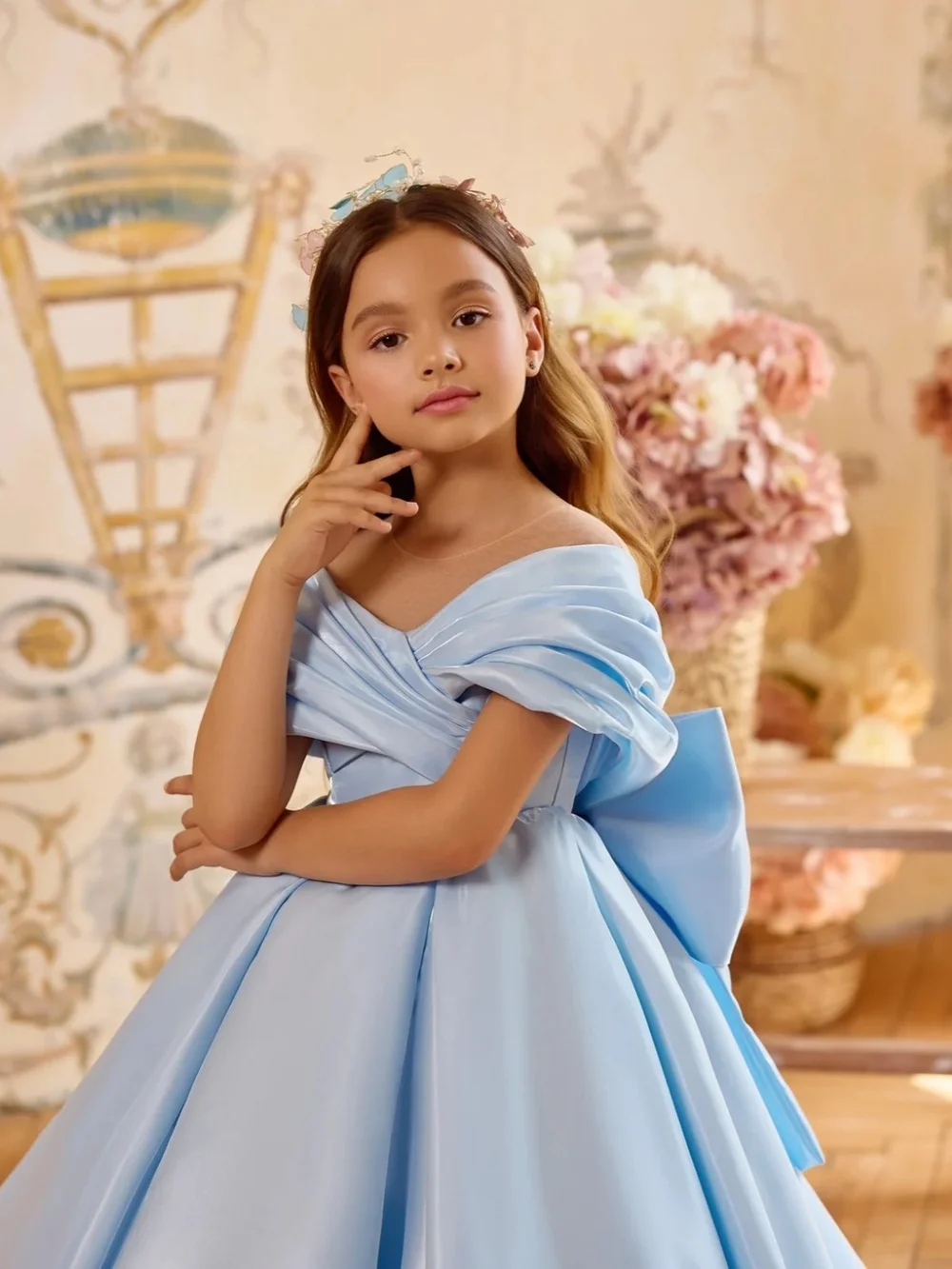 Kids Light Blue Bow Satin Long Princess Gown For School Activities Girls Off Shoulder A-line Dresses Birthday Party Outfit