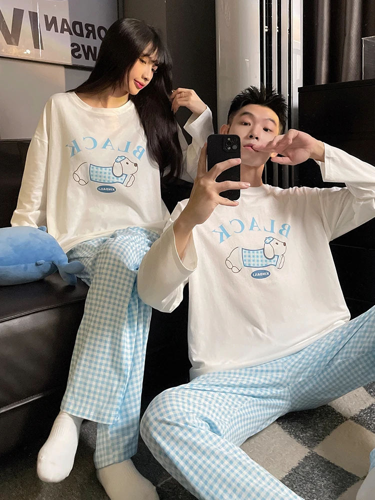 

DAIMELU sleepwear set couple pajamas female cartoon cute spring and autumn cotton long-sleeved men's loungewear suit women's