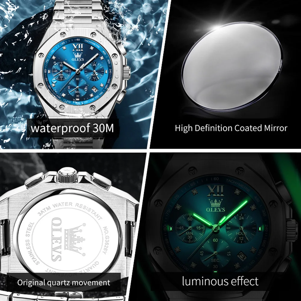 ساعة كوارتز متعددة الوظائف من الفولاذ المقاوم للصدأ OLEVS للرجال، ساعة يد كرونوغراف للتاريخ التلقائي، ساعات رجالي أصلية فاخرة من أفضل العلامات التجارية