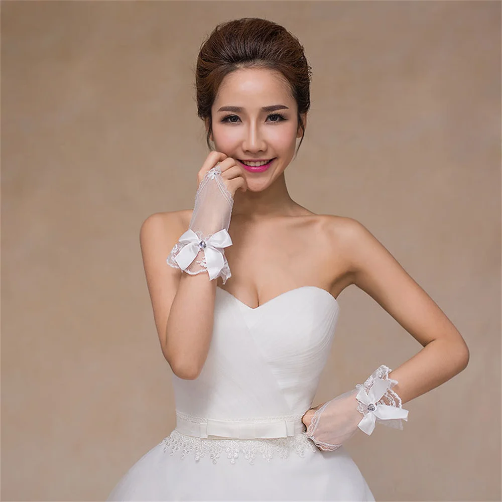 Wedding Accessories Wrist Gloves White Lace Bow Dewfinger Nailed Bead Gloves Fingerless Bridal Gloves