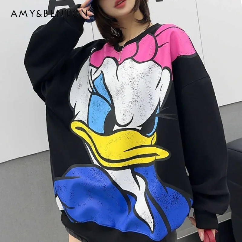 

Oversized Graffiti Cartoon Pattern Sweatshirt For Women's Slimming Mid-Length Loose Casual BF Style Top Autumn Clothes Sudaderas