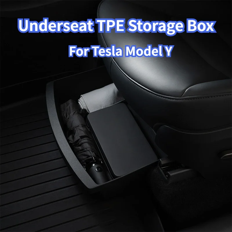 Underseat Storage Box for Tesla Model Y 2021-2025 TPE Under Seat Hidden Front Seat Storage Push Pull Organizer Box Accessories