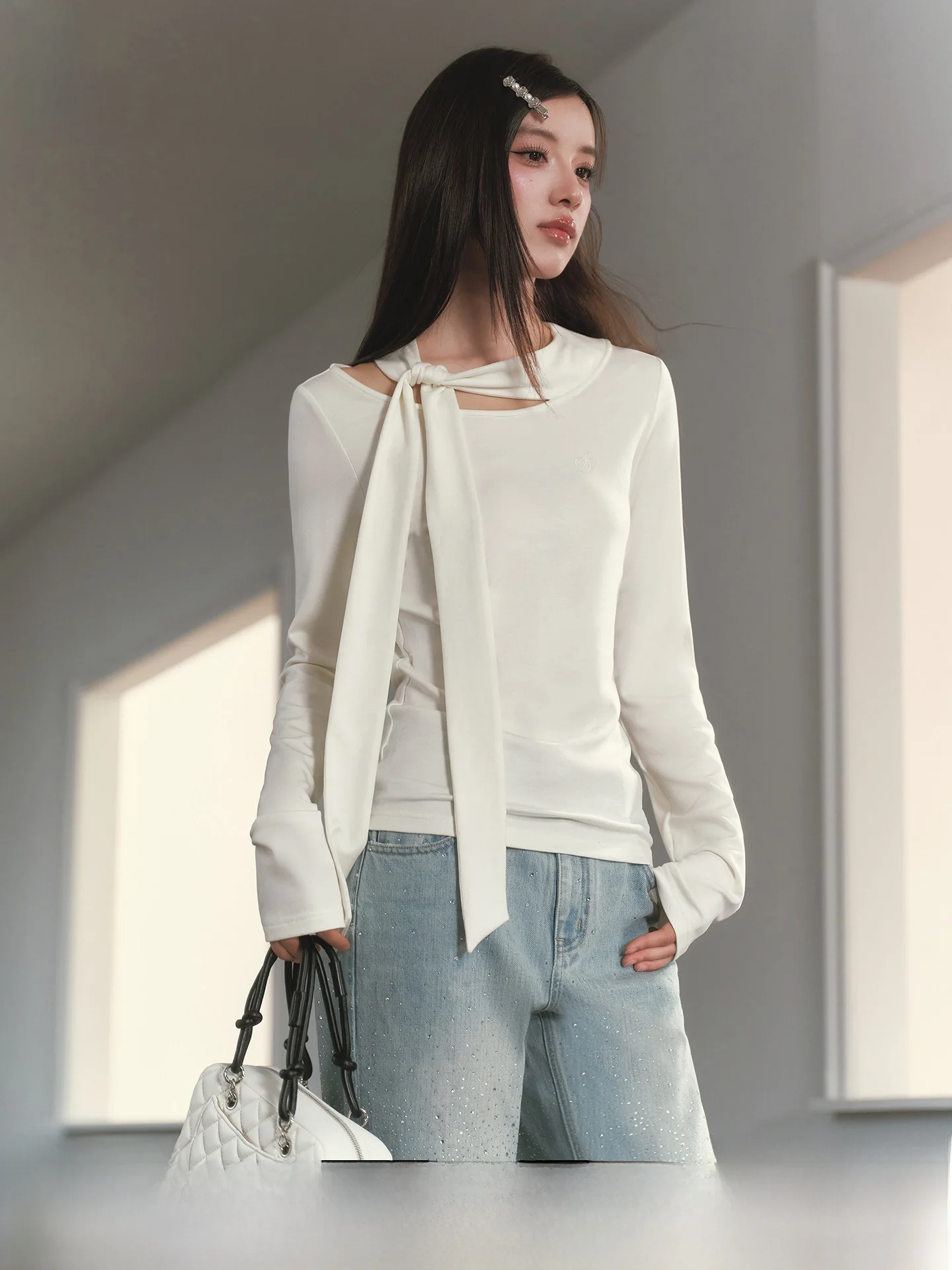 

Elegant Long Sleeve Slim Fit T-Shirt Women's Necktie Design Breathable Comfortable Casual Office Wear Home Travel Outfit