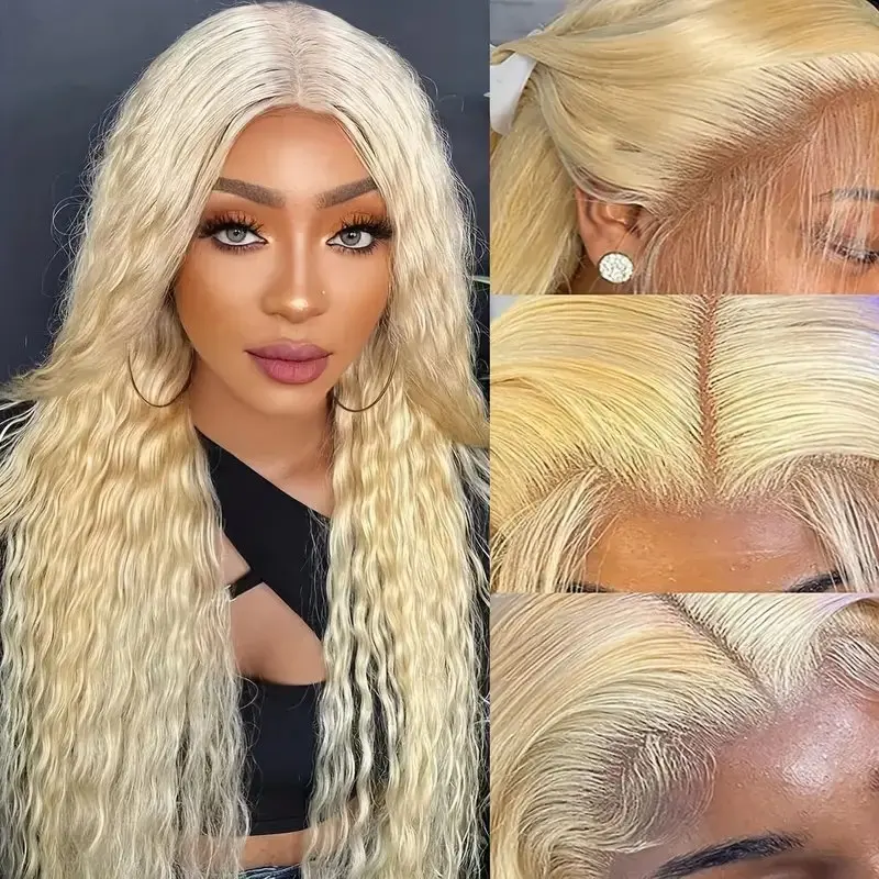 13x4 Lace Forehead Human Hair Wig 180 Density Blonde 26 Inch 613 Blonde  Deep Wave Glueless Curly Hair  Women Human Hair Wigs