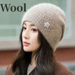 Wool Angora Back Slit Beanies Winter Hat for Women Ski Outdoor Ear Protection Warm Rabbit Fur Cashmere Knitted  Hat Fashiona