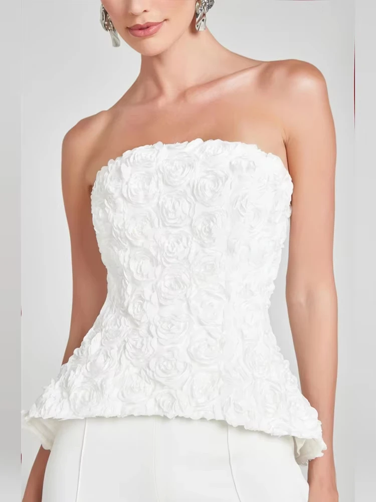 2025 Set da donna invernale sexy senza spalline fiore bianco due pezzi pantaloni fasciatura set celebrità designer moda donna