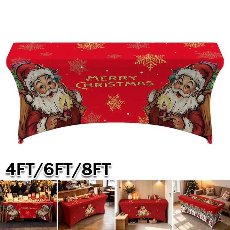 Christmas Stretch Spandex Table Cover 4FT/6FT/8FT Rectangular Fitted Tablecloth Elastic Washable Xmas Santa Print Table Cover