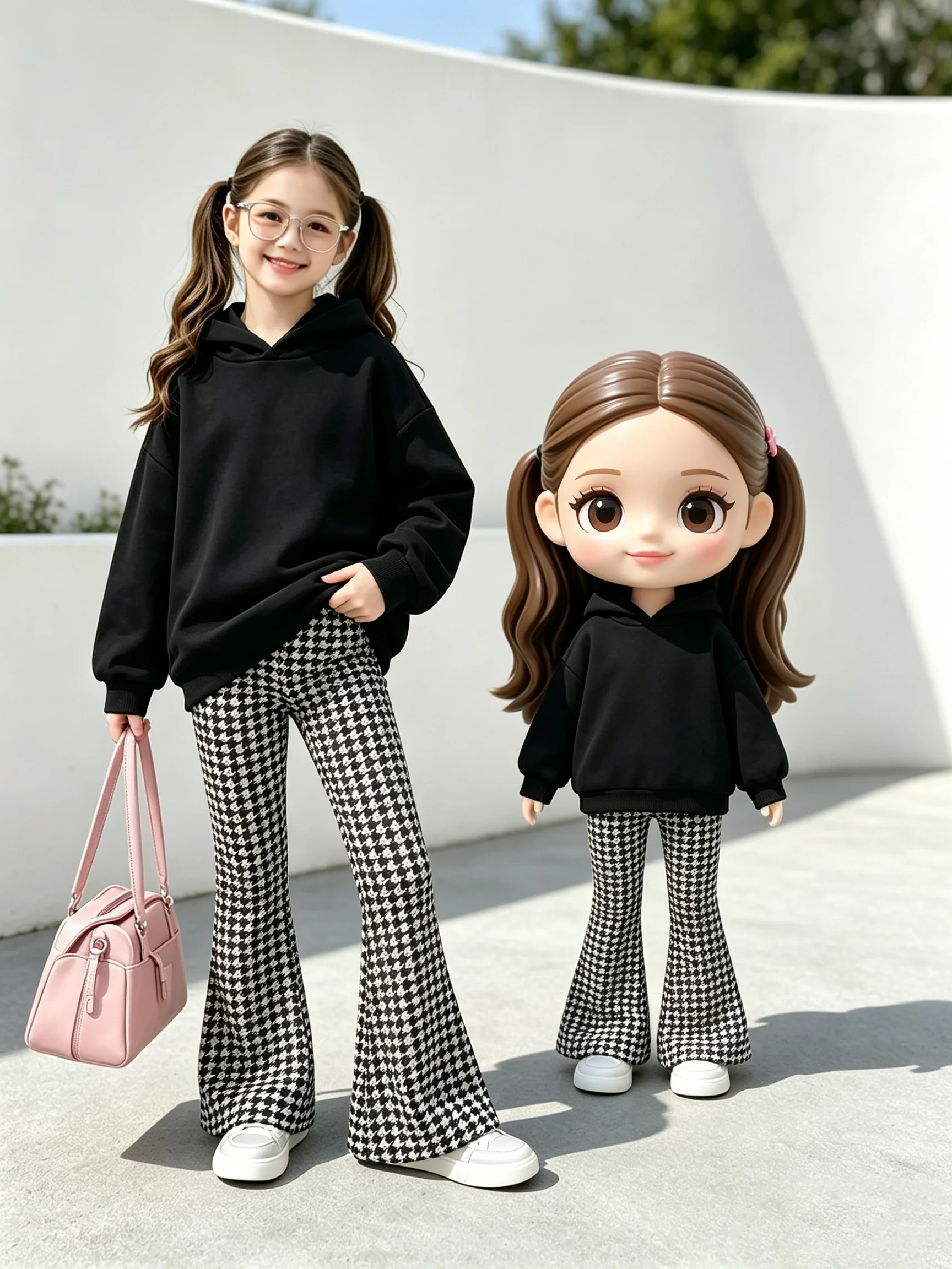Children's Casual Long Sleeved Sweatshirt Hooded Top in Solid Color with Houndstooth Flared Pants Clothing Set for Kids