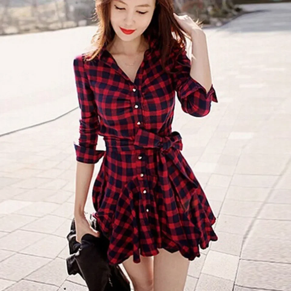 

Fashion Casual Women Dress V-Neck Long Sleeve Mini Dress Sashes Plaid Slim Red Cardigan Dresses For Women платье женское