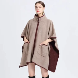 Autumn Winter New Stand Collar Pocket Zipper Cape Knitted Cardigan Woolen Coat Female Ponchos Capes Khaki Cloaks