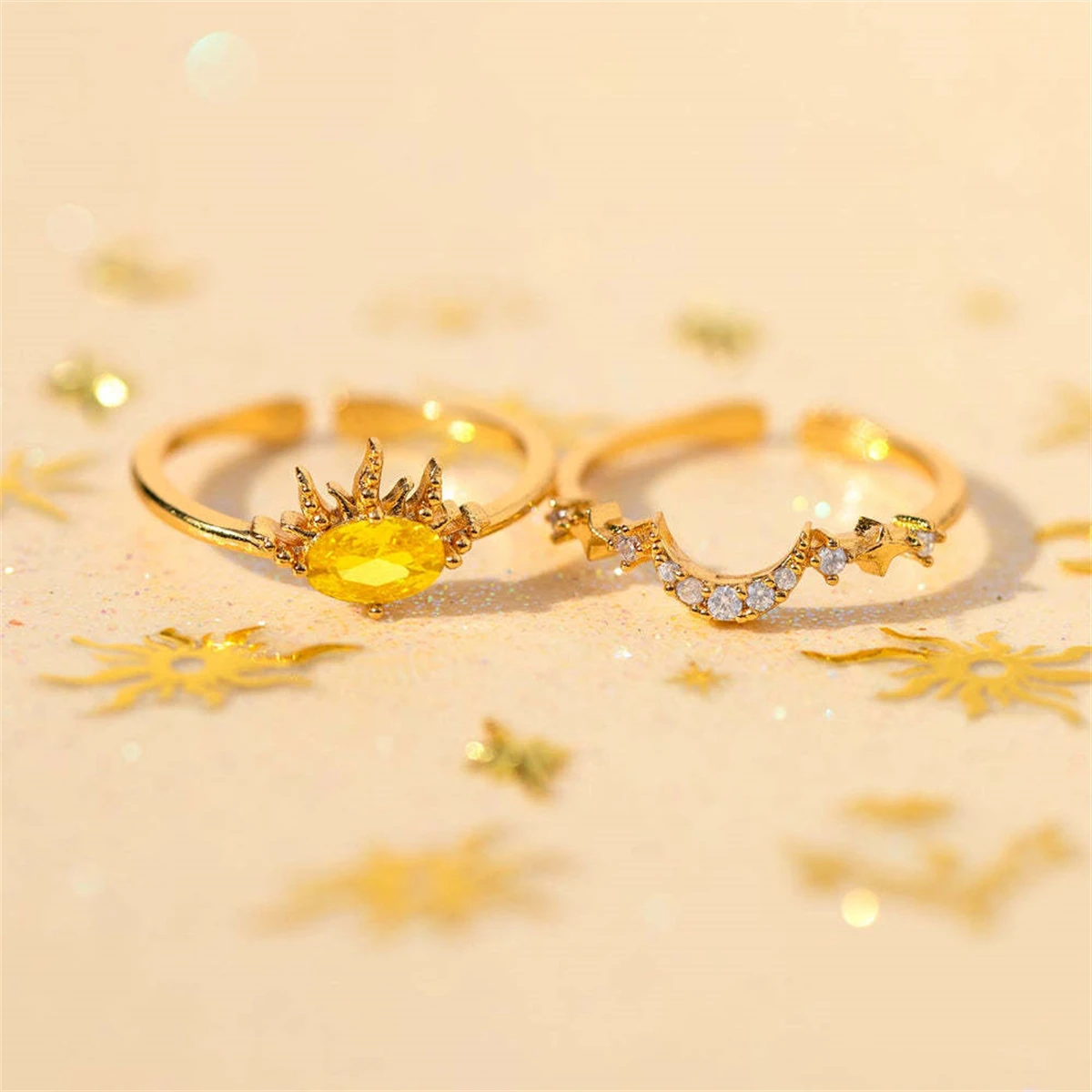 Ins خاتم الرياح الزركون الشمس القمر نجوم حالمة خرافة لطيف مجموعة حلقة زوج خاتم مطلية بالذهب اللون المحفوظ