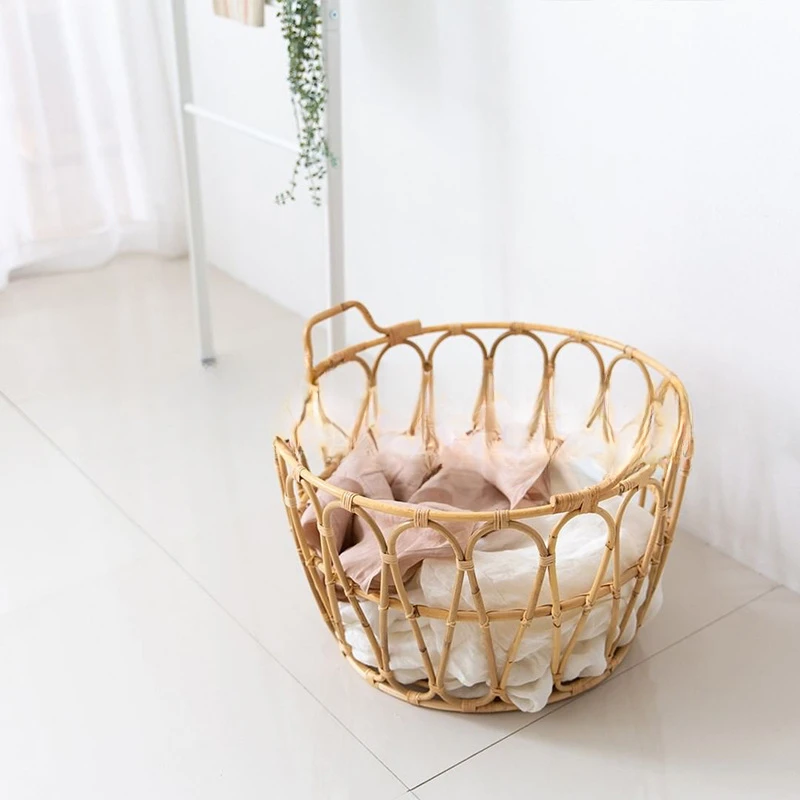 Natural rattan round with handle storage bucket living room sundries rattan basket storage basket children's room toy storage