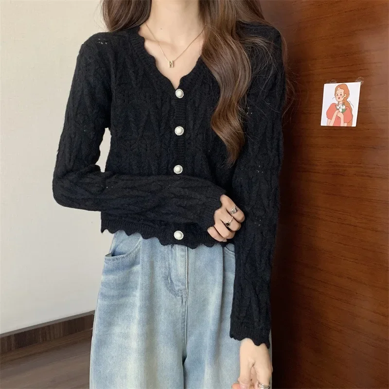 

Кардиган с v-образным вырезом, женская шикарная винтажная корейская верхняя одежда, осенние новые модные повседневные пальто, простые универсальные свободные нежные однотонные жаккардовые пальто