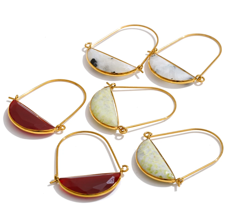 Yhpup Neuheiten Edelstahl-Mondstein-Achat-Creolen Hochwertige Modische Goldfarbene Ästhetische Ohrschmuck – Detail 3