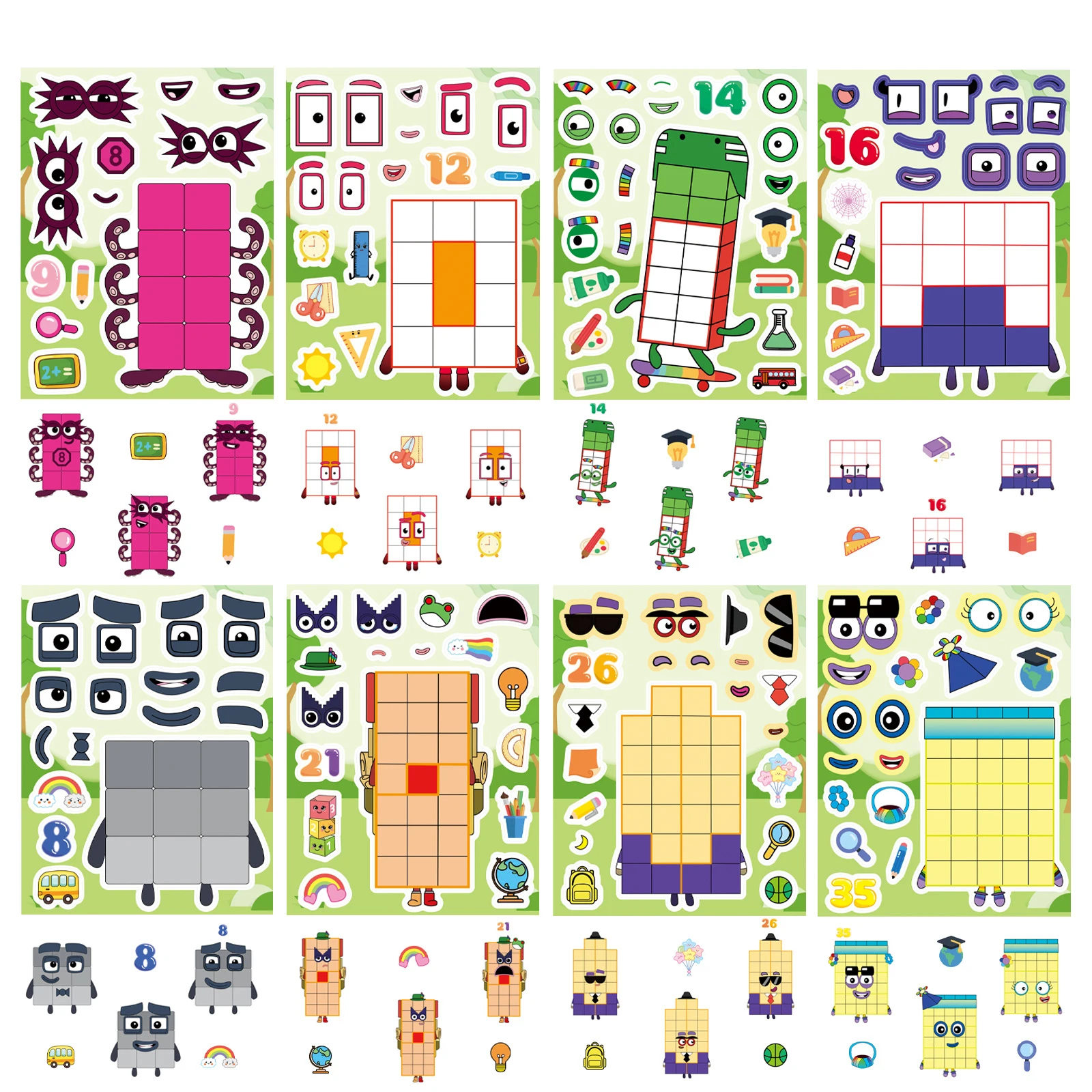 8/16/24 Sheets Cartoon Digital Block Face Swap Puzzle Stickers Graffiti Decals for Computer Notebook Stationery DIY Decor
