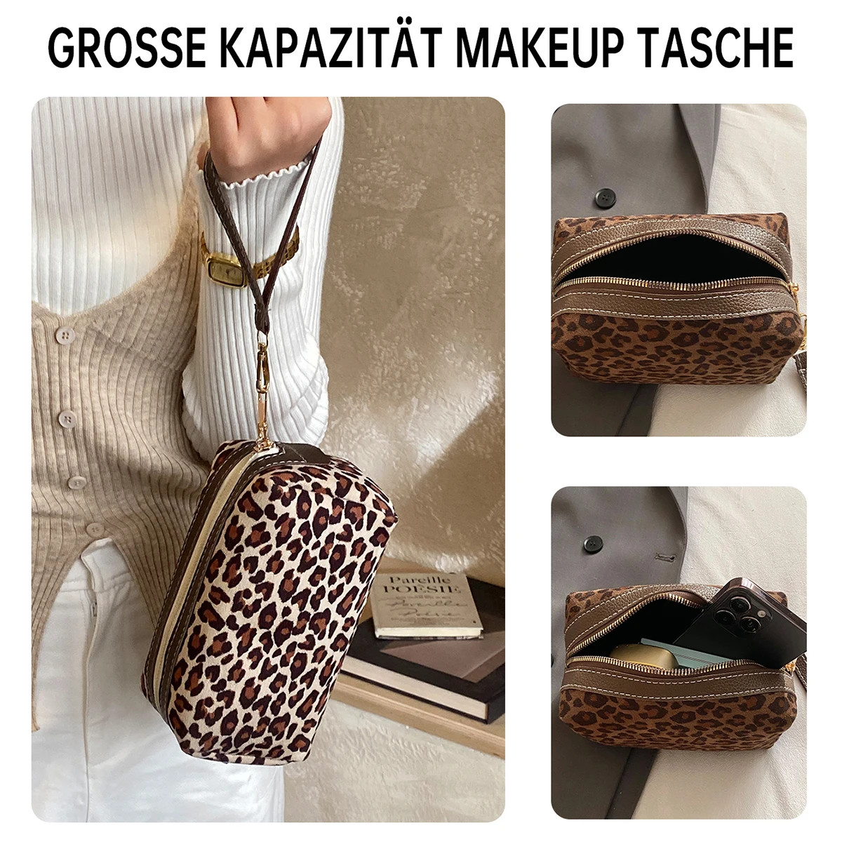 Portable Makeup Bag for Women 2026 New High-End Cosmetics Storage Bag Large Capacity Travel Luxury Leopard Print Handbag Wristlet Gift for Classmates or Girlfriend