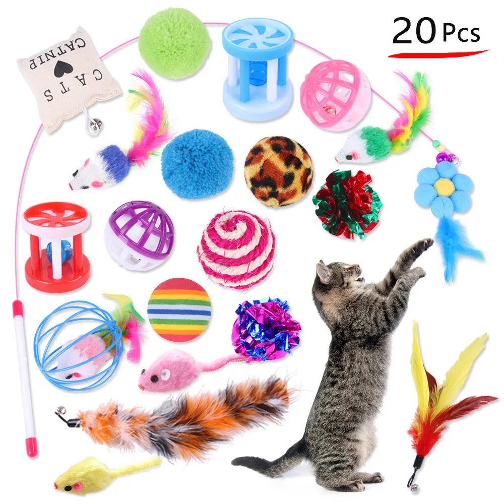 12Pcs/20 Pcs Pet Cat Toy Funny Cat Stick Sisal Mouse Bell Ball Cat Supplies Kitten Toys Variety Cat Toy Combination Set