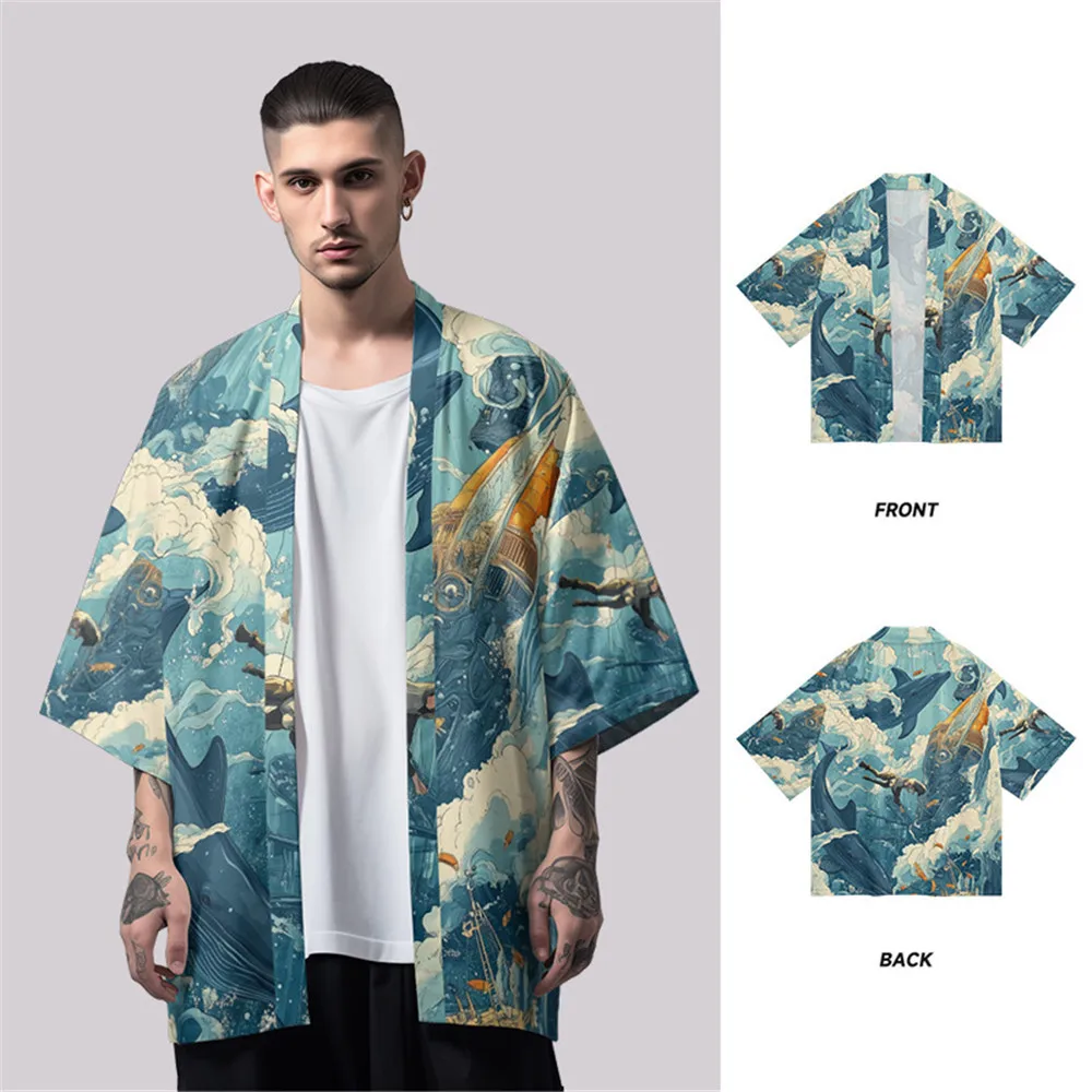 

Cartoon Print Japanese Style Kimono Cardigan White Yukata Summer Beach Men Women Traditional Haori Gift