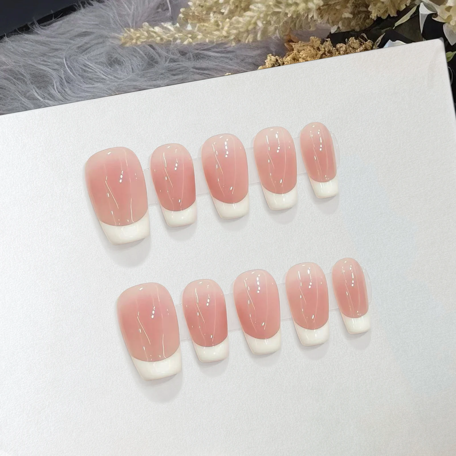 10pcs Medium French Ballet Nails Pink Cat Eye Simple Handmade False Nails Full Cover Fake Nails Tips Wearable Press on Nail Tips