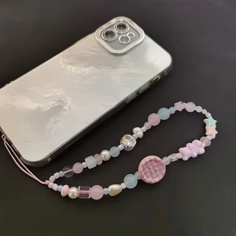 Gantungan Ponsel Korea Manis Lucu 3D Pink Berhias Kancing dan Manik-Manik, Tali Lanyard untuk iPhone Samsung Universal, Anti-Hilang, Perhiasan Tali Gantung