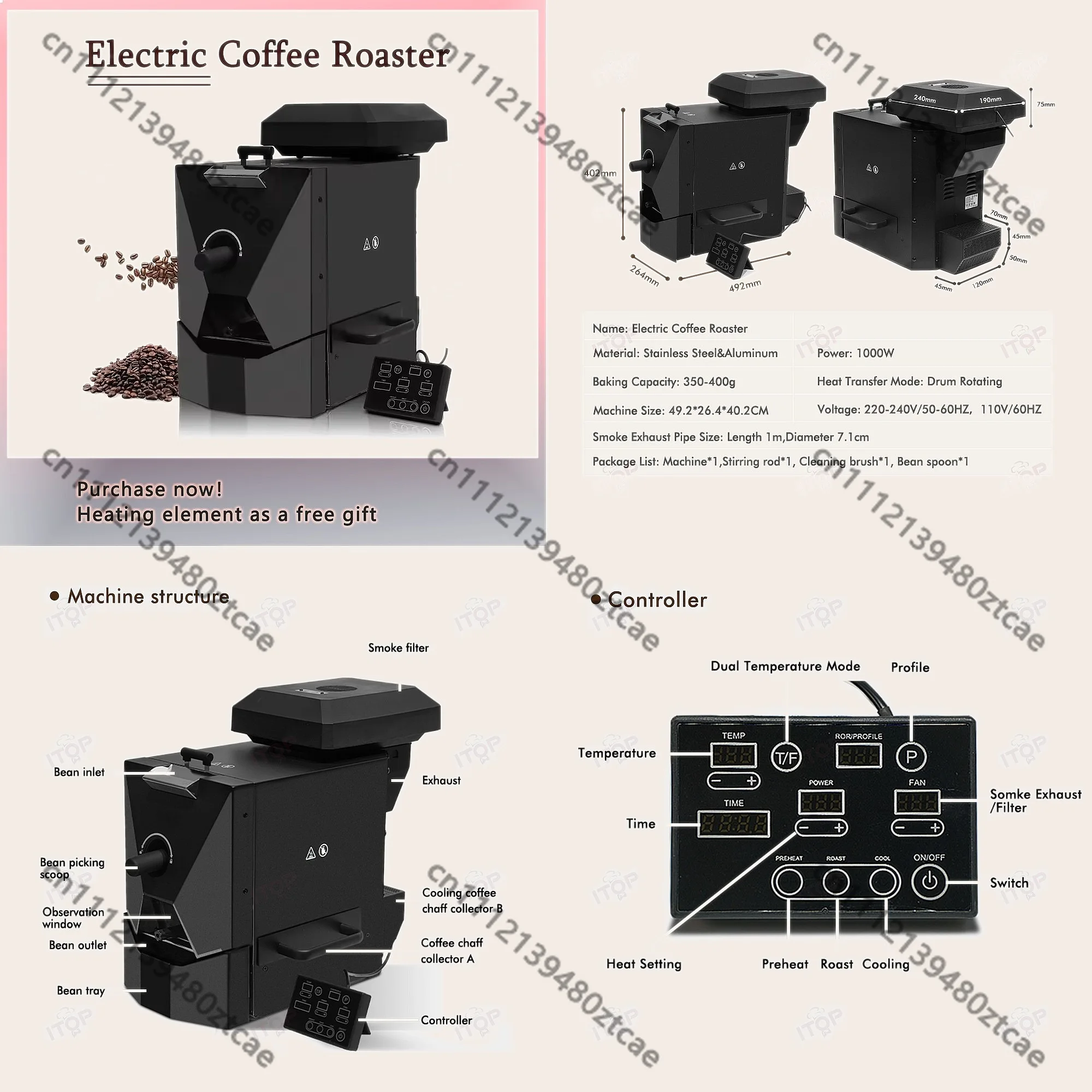 

500g Coffee Roaster 3 Programs Home Bean Roasting Machine with Smoke Filter Easy Operation