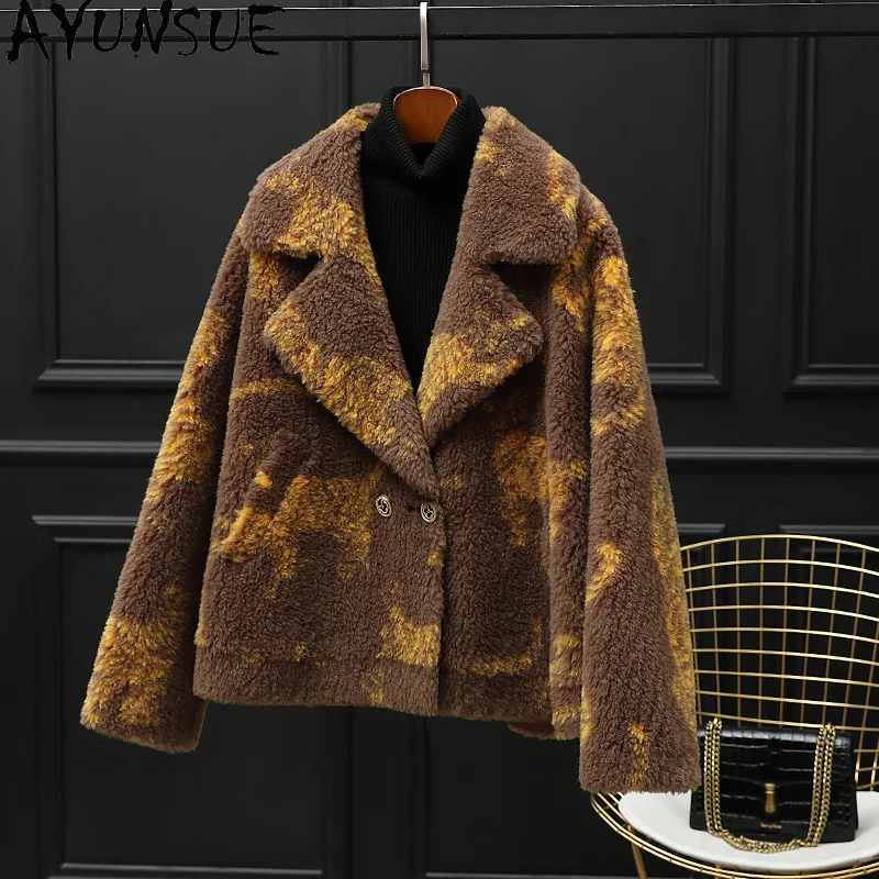AYUNSUE Płaszcz damski ze 100% wełny, kurtka z owczej skóry naturalnej, jesienno-zimowe ubrania damskie, nowość w kategorii płaszczy, płaszcze damskie, płaszcz z kompozytowego futra