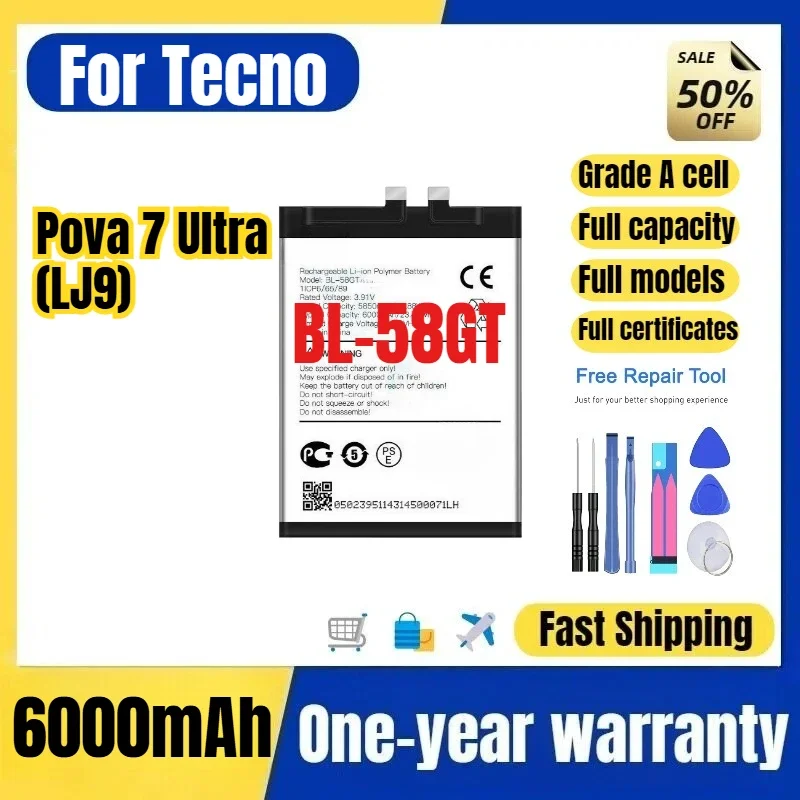BL-58GT for Tecno Pova 7 Ultra (LJ9) Phone Battery  0 Cycle High Quality Capacity Replacement Bateria Grade A Cell with Tools