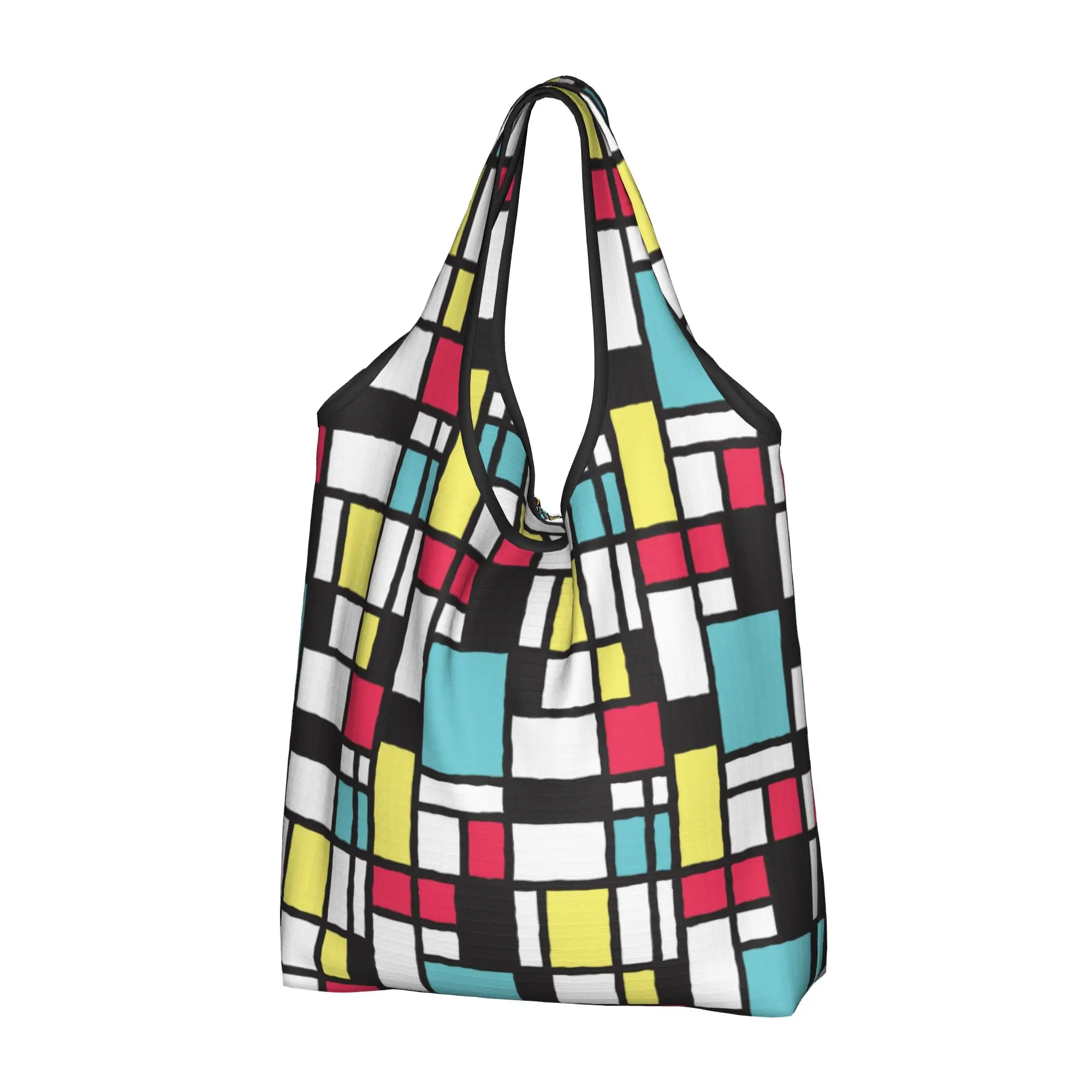 Mondrian Study Geometric Modern Groceries Shopping Bags Funny Shopper Tote Shoulder Bag  Portable Plaid Abstract Art Handbag