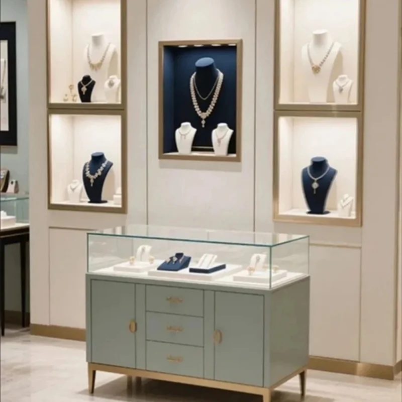 custom.Elegant Jewelry Shop Showcase Solid Wood Metal Frame Transparent Glass Display Cabinet