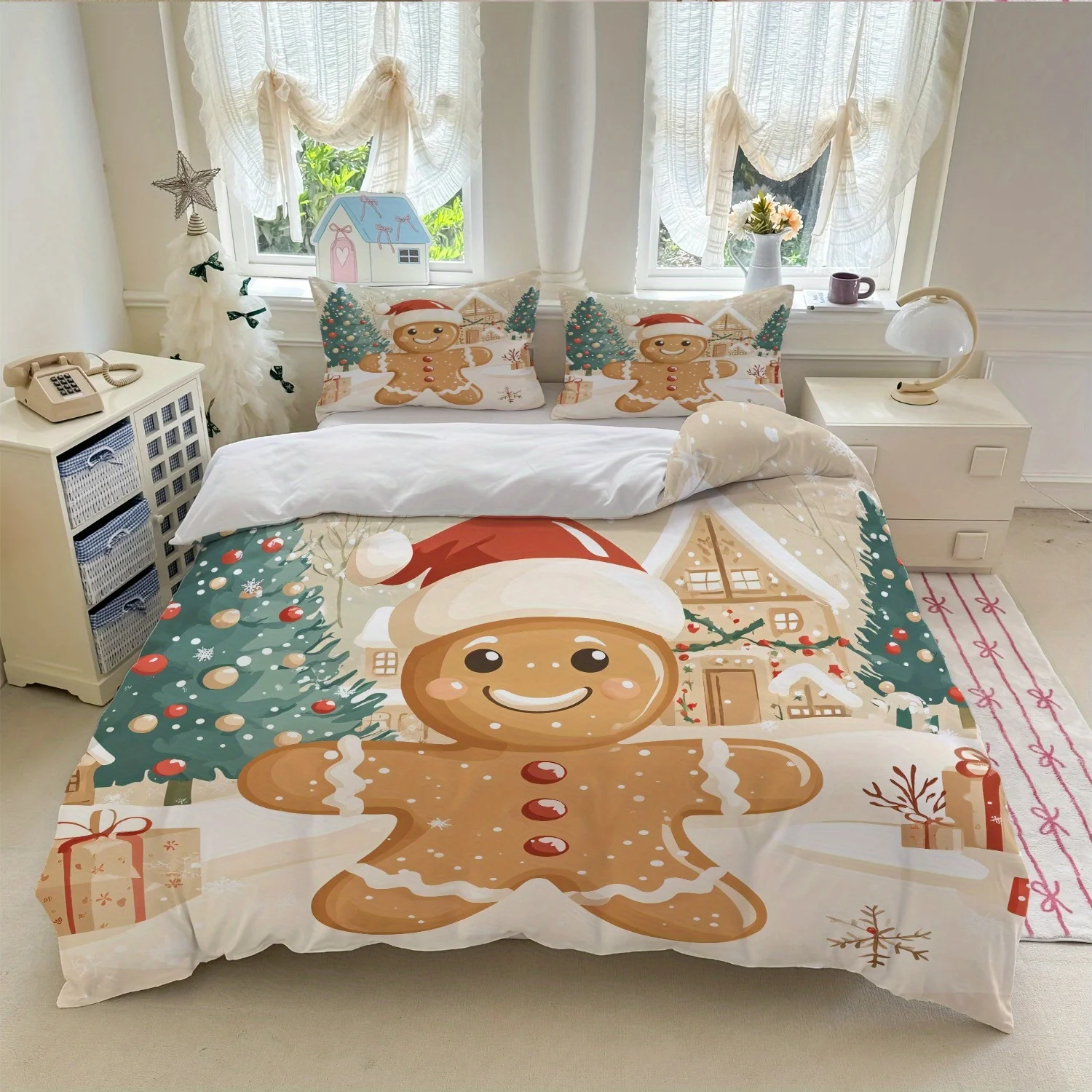 Christmas Gingerbread Man Bedroom Decoration Set Duvet Cover Set Multi Size Quilt Cover Queen Size Bedroom Bedding Decoration Machine Washable Adult Boy Girl Bedroom