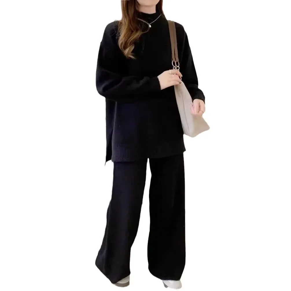 Two Piece Sets Muslim Knitting Outfits Women Split Sweater Pullover Knitted Wide Leg Pants Suit Knitwear Ensemble Casual