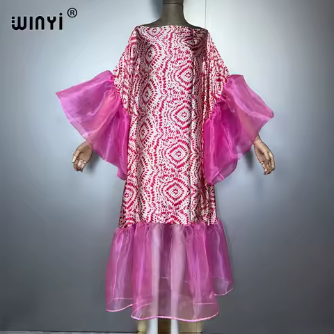 WINYI summer print puff(ed) sleeve evening dress abaya dubai luxury Female holiday kaftan muslim woman clothing beach dress