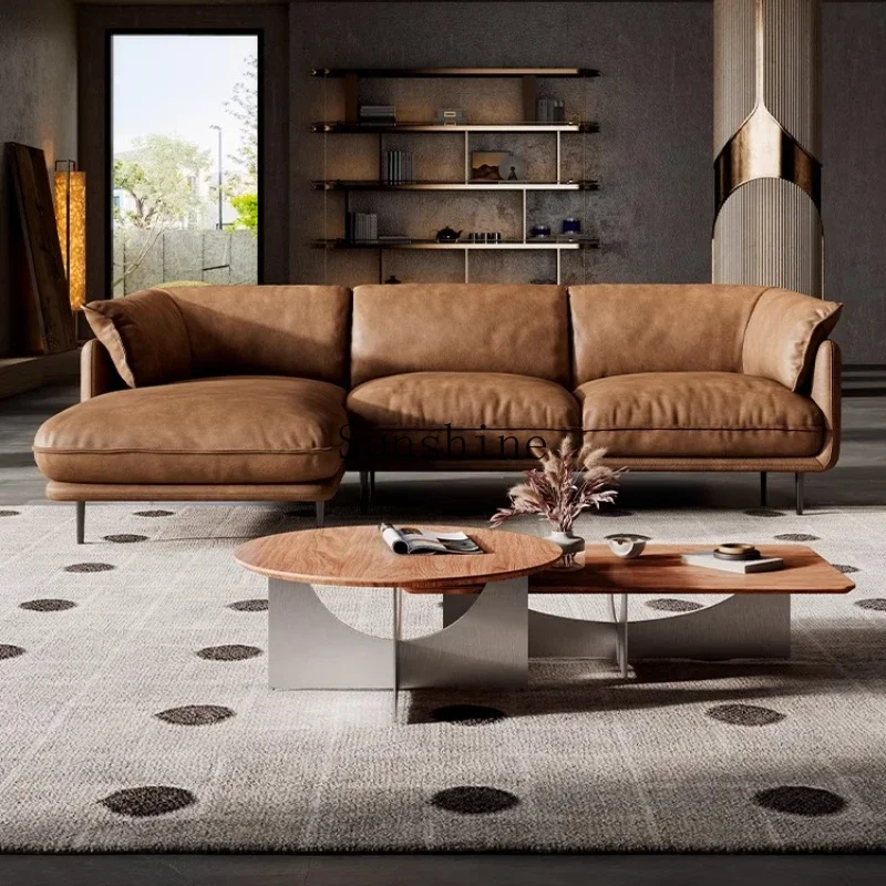Size apartment retro leather camel minimalist living room corner combination  FT