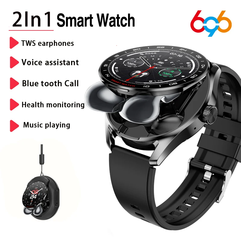 

2 In1 Earphones Smart Watch Blue Tooth Call Watches Outdoor Sport Blood Pressure Health Monitor Smartwatch Music Voice Assistant