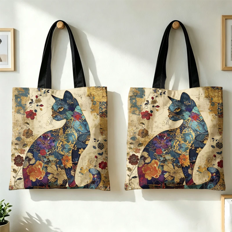 Cat Floral Design Handbag Retro Pattern Decorative Tote Bag Daily Casual Use Shoulder Bag, Large Capacity Practical Shopping Bag